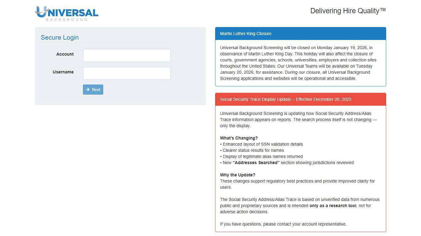 Secure Login | Universal Background Screening
